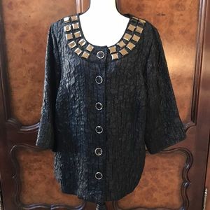 Shimmering Black Metallic Evening Jacket with Jeweled Neckline (Size 18/20)